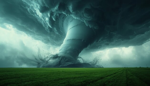 This is an image of a large tornado cloud in the middle of a green field
