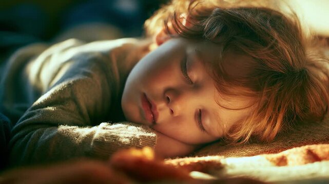 Young child sleeping peacefully on blanket in warm sunlit indoor bed near window