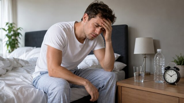 Tired young man in pajamas sitting on the edge of an unmade bed rubbing his forehead beside a nightstand with an alarm clock and water