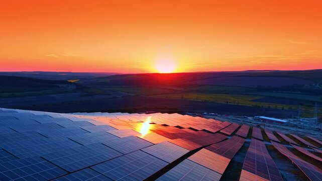 Solar farm at sunset with sun reflection. Orange gradient sky over dark panel rows and distant green hills.