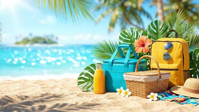 Tropical beach vacation setup with picnic essentials on white sand. Summer holiday relaxation and travel concept for leisure getaway