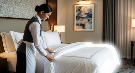 Fototapeta premium Professional hotel housekeeper meticulously arranging crisp white linens on a king-sized bed in an elegant, well-lit suite