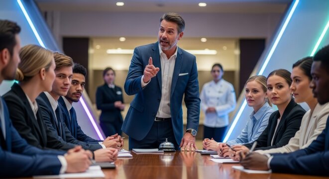 Hotel General Manager Leads Diverse Staff Meeting in Modern Conference Room with Neon Lighting