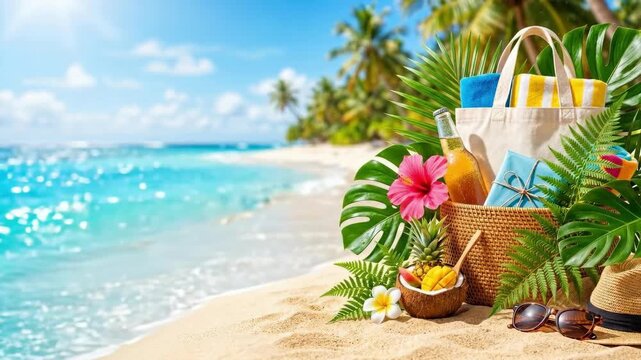 Tropical beach vacation setup with wicker basket of pineapple mango and coconut shell. Relaxation and holiday leisure concept for seaside getaway