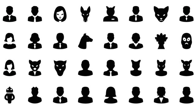 Collection of various avatar icons featuring human silhouettes, animal heads, and abstract characters in a flat black style, vector illustration