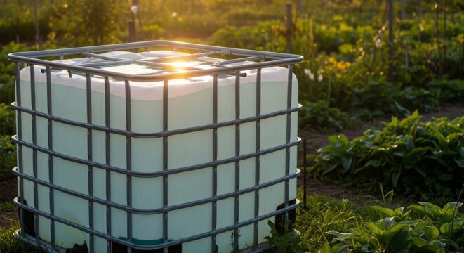Large IBC tote water tank filled with water in a lush garden at golden hour, reflecting sunlight