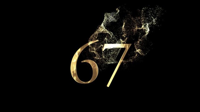 Golden number 67 from particles, numbering, sixty seven, golden numbers, alpha channel, numerology, beautiful golden numbers with particles on a transparent background