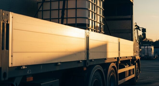 Large IBC water tote tank securely loaded on a flatbed truck during golden hour, symbolizing industrial logistics and bulk transport.