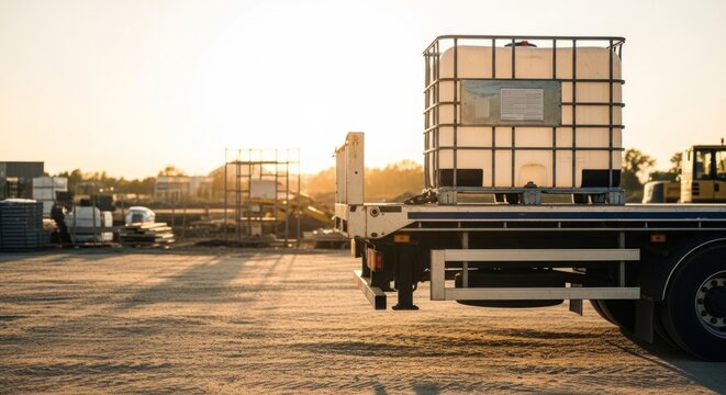 Large white IBC tote tank secured on a flatbed truck at a construction site during golden hour, ready for industrial transport.