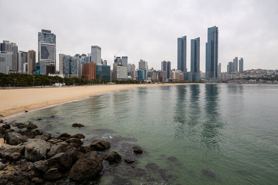 Panoramic view of Haeundae Beach with modern skyscrapers and city skyline in Busan, South Korea Busan