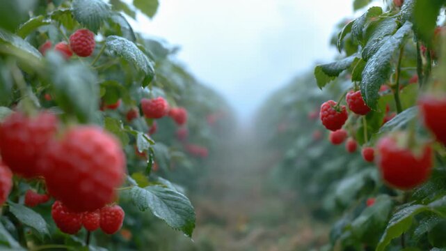 Raspberry bushes hanging heavy with ripe berries glistening with dew in foggy farm rows morning