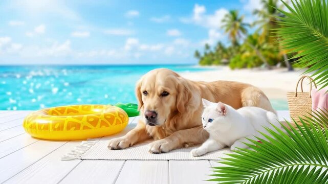 Golden retriever dog and white cat lounging on wooden deck by turquoise sea. Tropical summer beach vacation with pets. Sunny paradise relaxation for animal adventure concepts