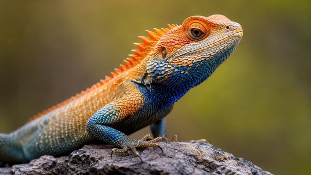 Colorful orange and blue bearded dragon lizard perched on a rock, close-up profile showing spiky crest, textured scales and alert eye