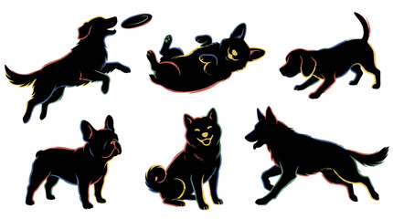Fototapeta premium A vibrant collection of black dog silhouettes with colorful outlines, depicting playful and diverse canine breeds in different actions.