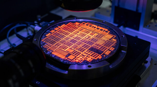 Macro Shot Of A Silicon Carbide Semiconductor Wafer Under Ultraviolet Inspection Light In Cleanroom Lab