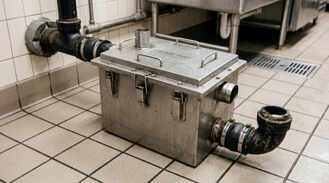 Close Up Of A Kitchen Grease Trap Box Sitting On A Clean Tiled Floor Commercial