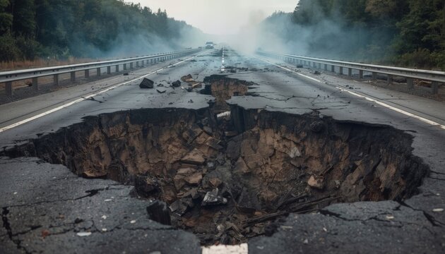 There is a large hole in the middle of the road that has been cut open