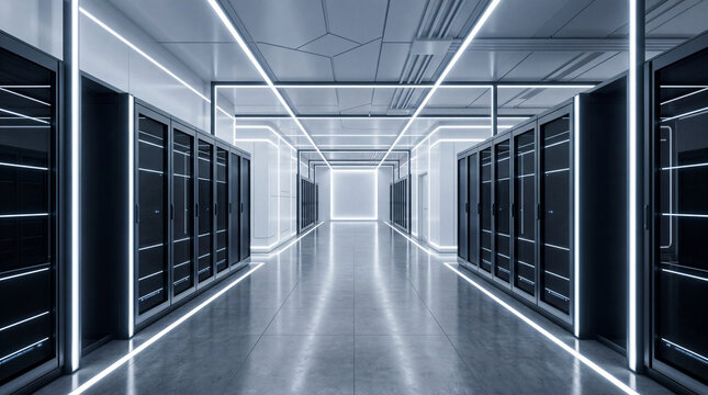 Minimalist Empty Server Room With White Neon Strip Lights Lining The Ceiling And Metal Flooring