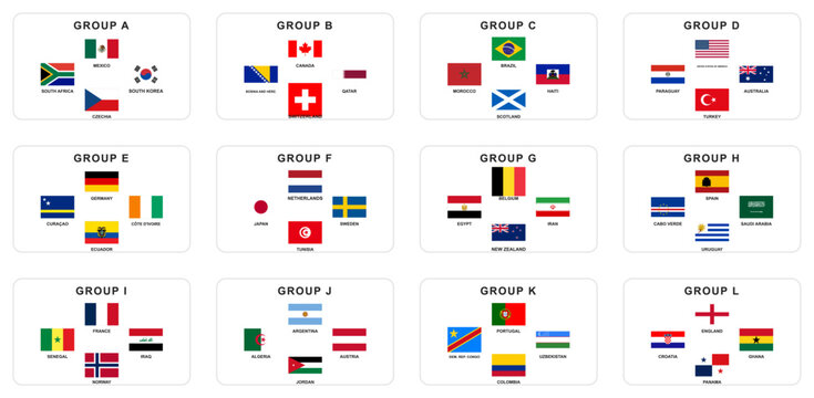 2026 World Cup participating countries flags set for groups A to L