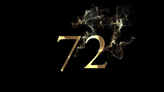 Golden number 72 from particles, numbering, seventy two, golden numbers, alpha channel, numerology, beautiful golden numbers with particles on a transparent background