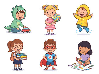 Fototapeta premium Child character set with dinosaur hoodie, lollipop, raincoat, book, superhero, draw, white background