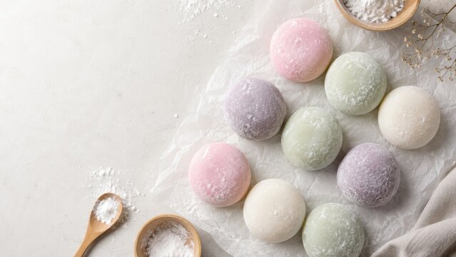 Assorted pastel mochi ice cream balls on parchment with bowls of starch and wooden spoons, soft light, minimal flat-lay food styling