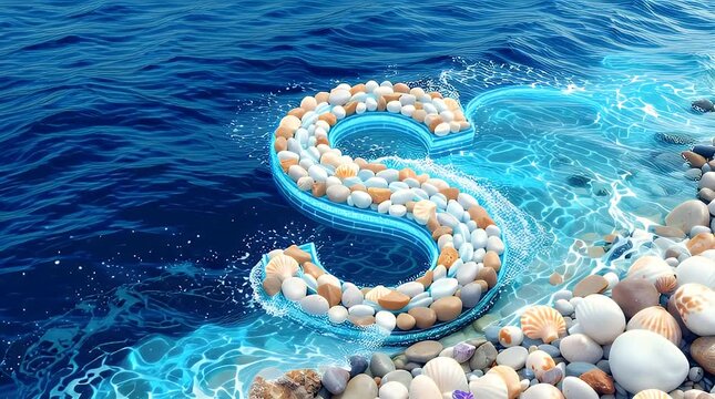 Letter "S" made of pebbles on beach, in blue waves, with shells