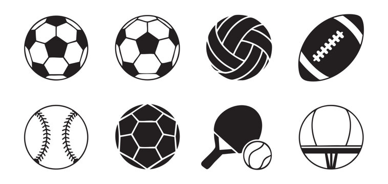 Assorted collection of sports ball icons including soccer football tennis and table tennis rackets.