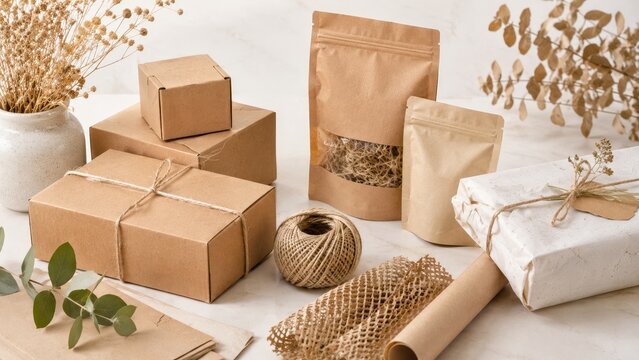 Assortment of kraft boxes, pouches and wrapping with twine, dried botanicals and natural packaging materials in neutral eco-friendly styling