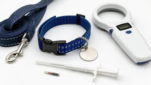 Blue dog collar and leash with ID tag, pet microchip scanner, implant syringe and microchip for pet identification and recovery