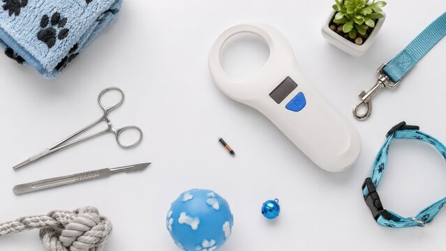 Compact pet microchip scanner and veterinary tools arranged flat-lay with blue collar, leash, toys, towel and small succulent on white background