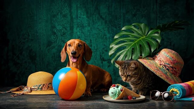 Dachshund and tabby cat with beach ball and ice cream. Summer vacation setup featuring pets and tropical accessories. Pet holiday concept on wooden surface