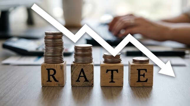 Interest rate cut concept with wooden blocks spelling rate, stacks of coins and downward arrow on office desk