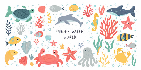 Marine Life Collection A Flat Vector Illustration With Colorful Sea Creatures © ChandanaRani