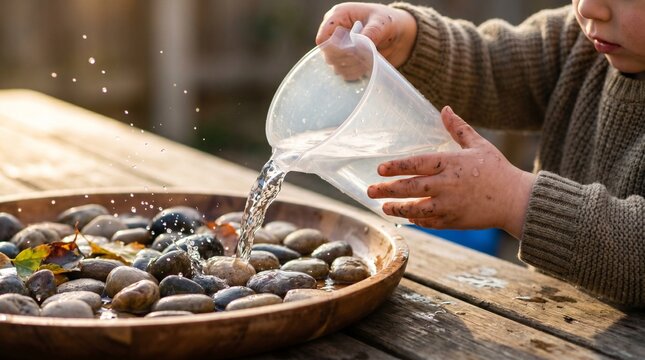 Caucasian child hands with an engaged mood pouring water over smooth stones against a blurred outdoor garden background