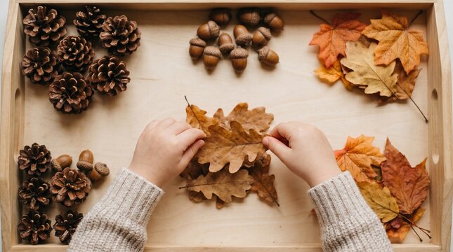 Child hands with an exploring mood touching dry oak foliage against a wooden sensory tray background