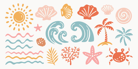 Coastal Summer Icons And Marine Life Hand drawn Vector Illustration © ChandanaRani