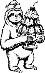 Fototapeta premium Anthropomorphic sloth wearing a retro hat holding a giant ice cream