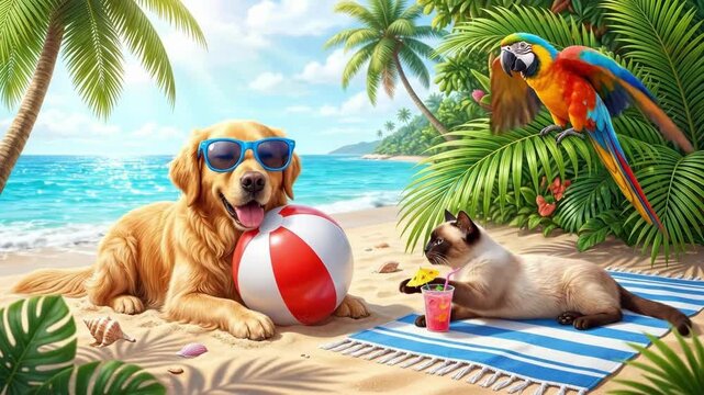 Golden retriever dog wearing sunglasses holds red white beach ball on sandy shore. Siamese cat sips pink cocktail on blue towel. Tropical summer vacation concept for animal fun and relaxation