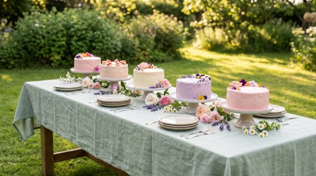 Long wooden table with multiple frosted cakes in romantic outdoor style in soft pastel colors representing a beautiful garden party setup with copy space