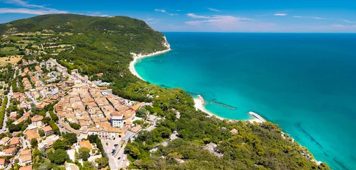 Sirolo panorama Marche Italy aerial view charming medieval village hilltop Adriatic Sea Monte Conero Nature Park scenic coastal landscape with tropical color water. high resolution wall art print © Freesurf