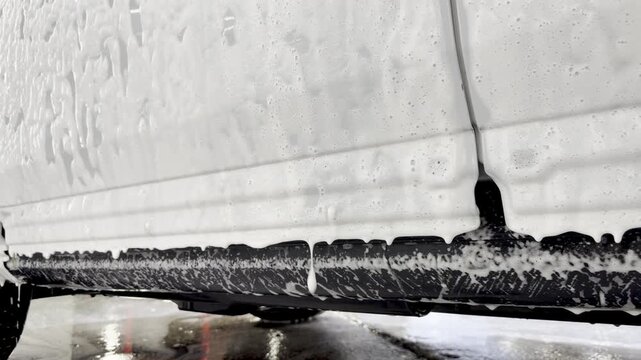 Process of spraying foam on the auto body in the station. Second phase of detailing washing in car service. Car washer does full body car wash with soap. Cleaning the car using high pressure water. 