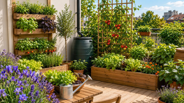 Orto urbano sostenibile su terrazzo con piante aromatiche e verdure. Generative AI 