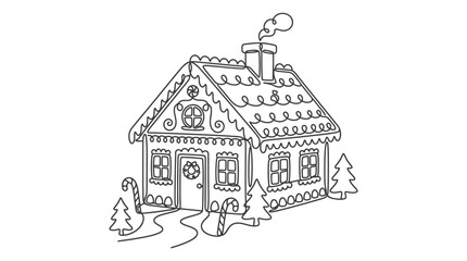 Fototapeta premium Gingerbread house line drawing on a white background