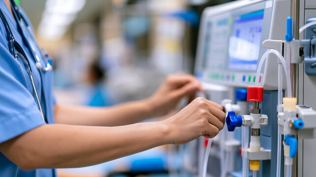 Faceless healthcare worker adjusting tubing and valves on a dialysis machine in a treatment clinic, focused technical care, defocused dialysis clinic interior in background, renal
