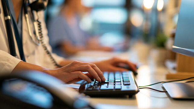 Faceless medical practitioner answering phones and scheduling appointments at a hospital office desk, landline and monitor visible, defocused clinic office in background, medical