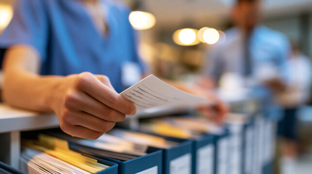 Faceless healthcare worker organizing patient files with careful attention to detail, filing cabinet and documents visible, defocused office interior in background, medical