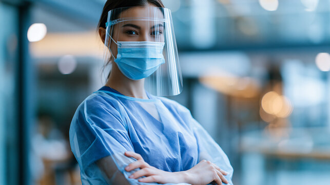 Confident female healthcare worker wearing full PPE including face shield and mask in a modern hospital environment, professional protective gear, defocused hospital interior in