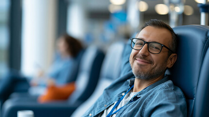 Obraz premium Happy patient resting comfortably in a clinic with a warm smile and casual attire, relaxed healthcare environment, defocused clinic interior in background, patient wellness
