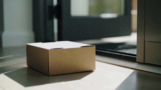 Delivery person placing a cardboard package on the floor inside a doorway. Contactless home delivery concept with bright sunlight streaming in